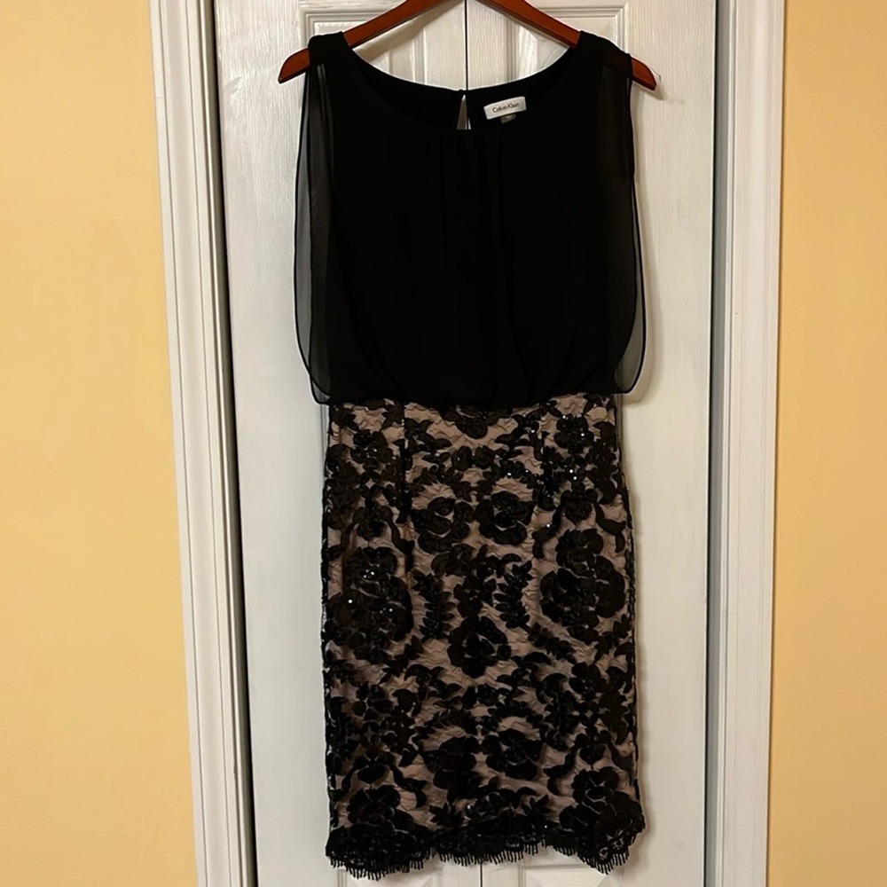 Calvin Klein Black Gold Womens Size 6 Chiffon Sequin Sheath Dress
